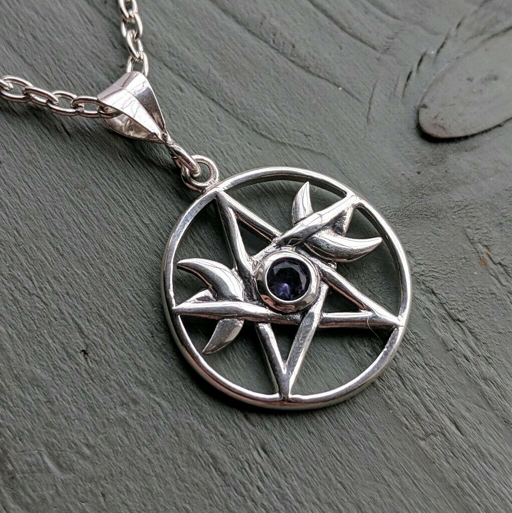 Solid 925 Sterling Silver Faceted Amethyst Pentagram Triple Moon Pendant Wicca