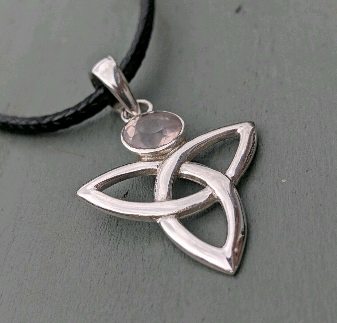 Large 925 Sterling Silver Triquetra & Faceted Rose Quartz Pendant Pagan Wicca