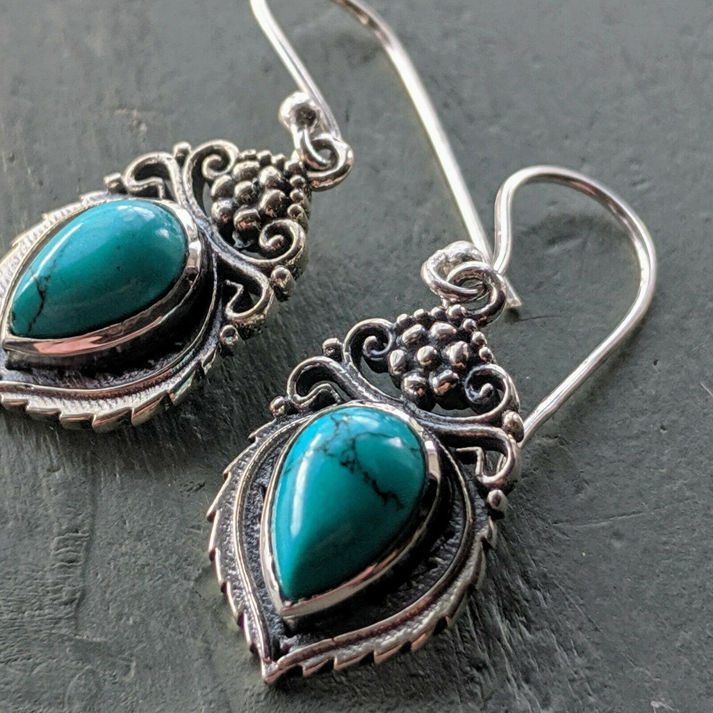 Ornate Turquoise Solid 925 Sterling Silver Stamped hook Earrings boho chic