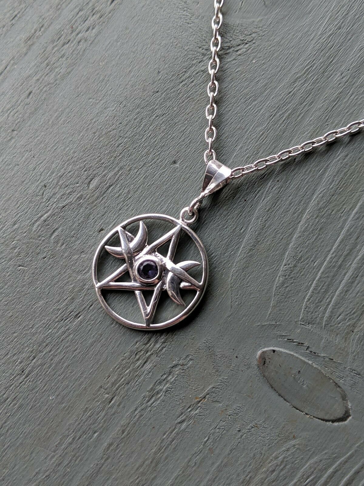 Solid 925 Sterling Silver Faceted Amethyst Pentagram Triple Moon Pendant Wicca