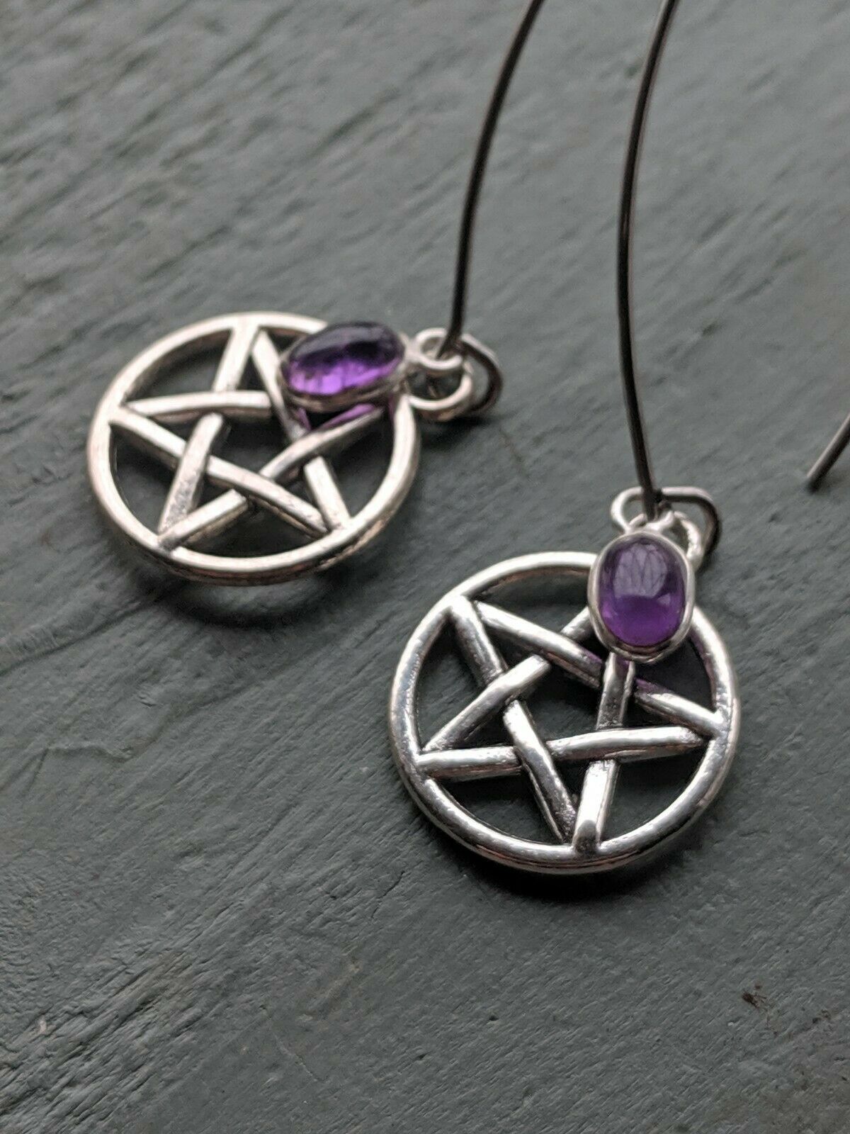 Long Amethyst and Pentagram Costume Earrings