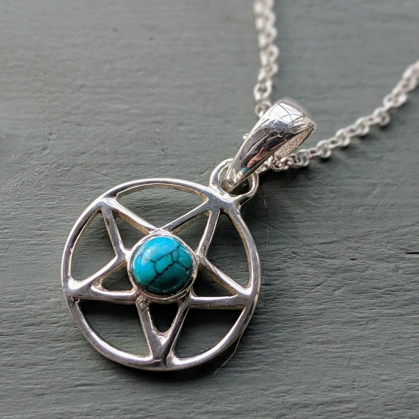 925 Sterling Silver Turquoise Pentagram Pendant, Chain & Gift Box Wicca Pagan