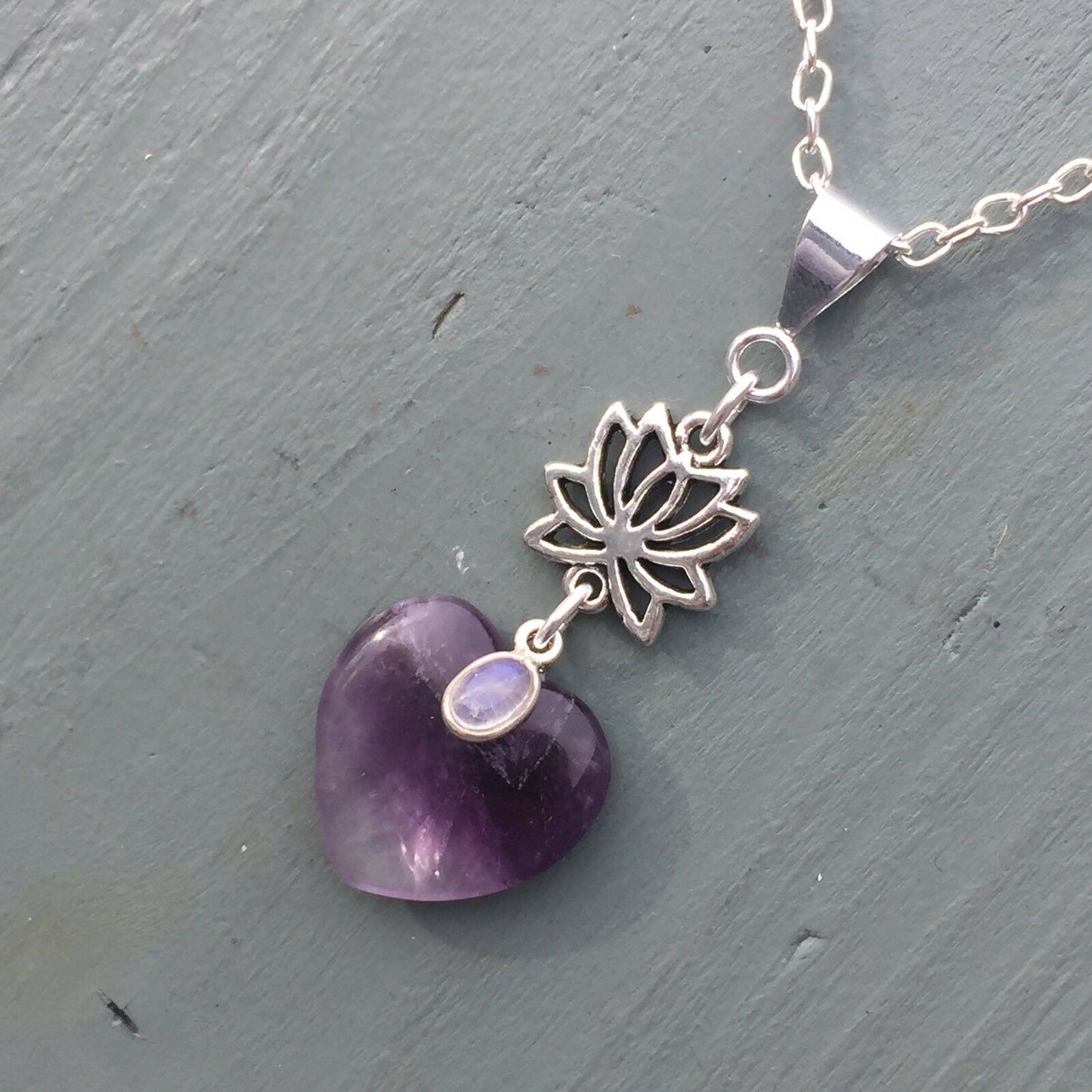 Amethyst Heart & Rainbow Moonstone Lotus Flower Pendant Chakra Reiki THIRD EYE