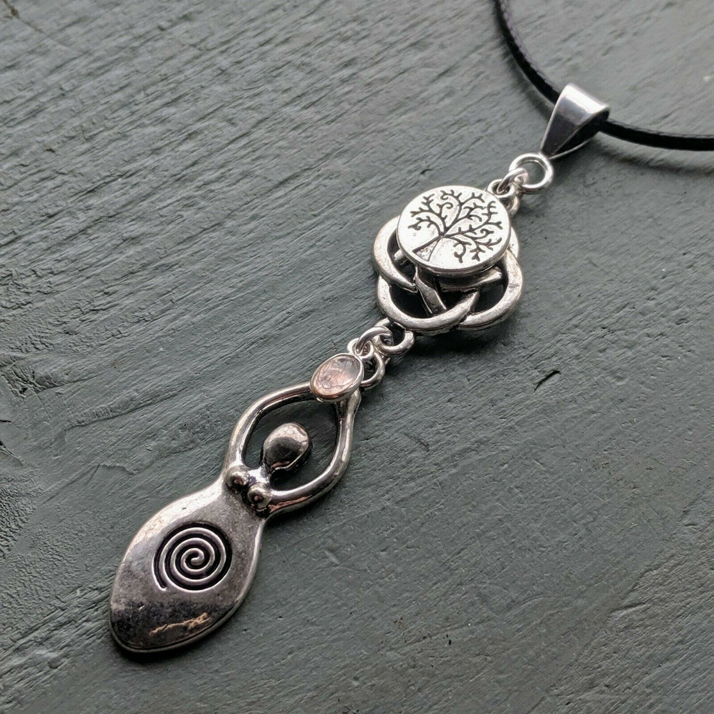 Celtic Knot Tree of Life & Rose Quartz Large Goddess Pendant Chakra Wicca Pagan