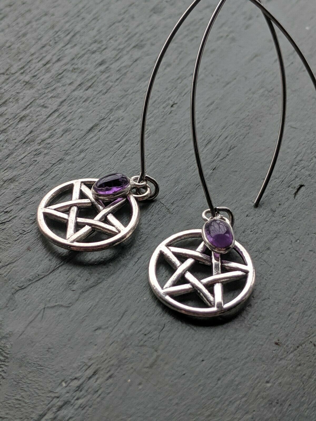 Long Amethyst and Pentagram Costume Earrings