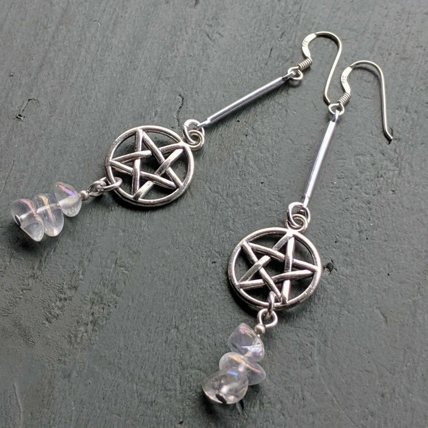 Opal Aura Quartz Pentagram Costume Earrings with 925 Sterling Silver Hooks