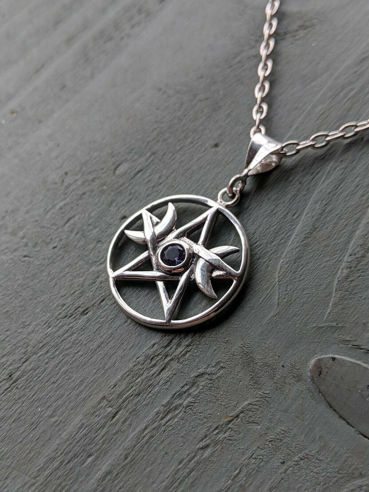Solid 925 Sterling Silver Faceted Amethyst Pentagram Triple Moon Pendant Wicca