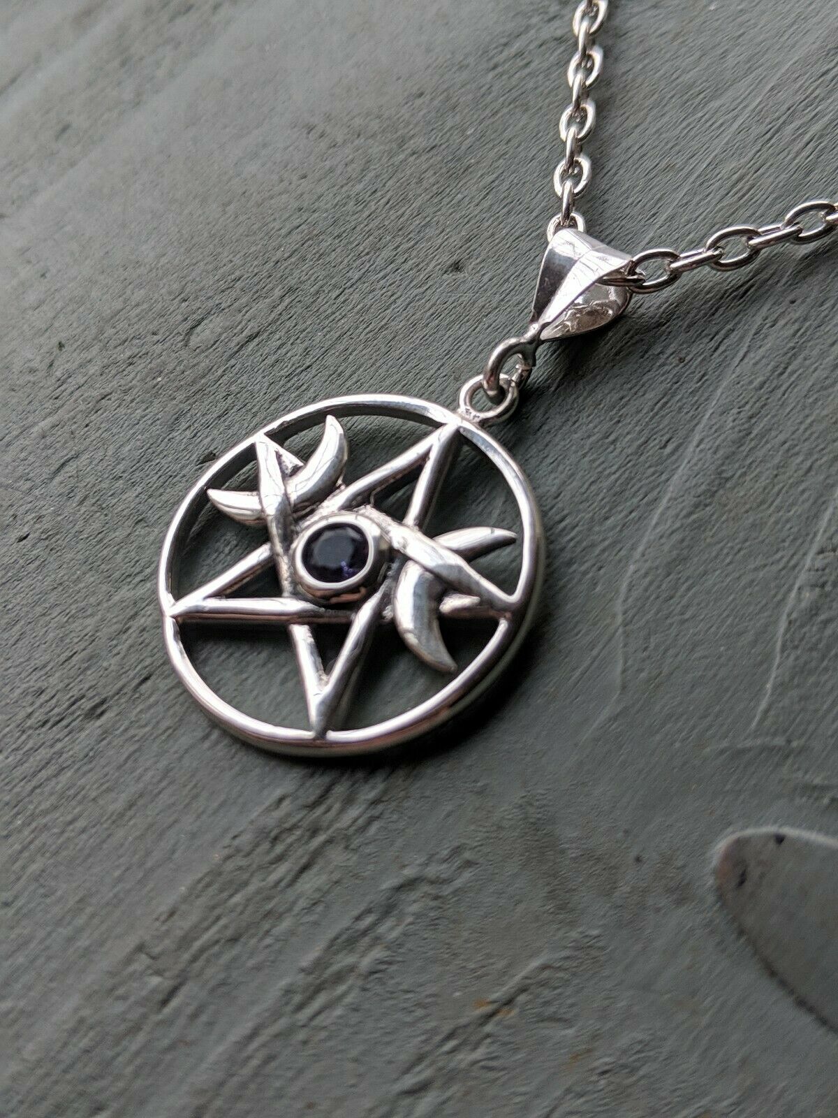Solid 925 Sterling Silver Faceted Amethyst Pentagram Triple Moon Pendant Wicca