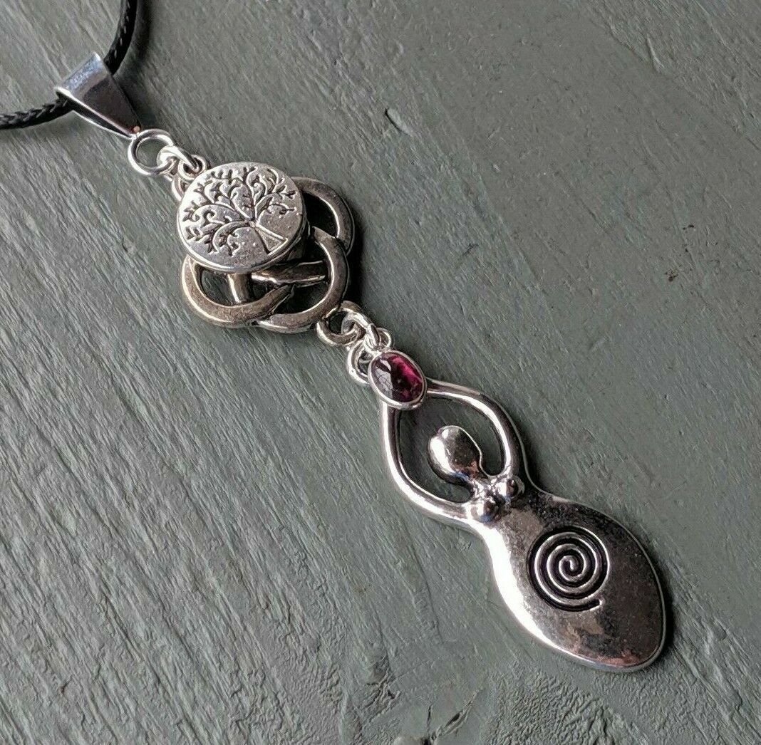 Celtic Knot, Tree of Life, Large Goddess & Garnet Pendant Chakra Wicca Pagan