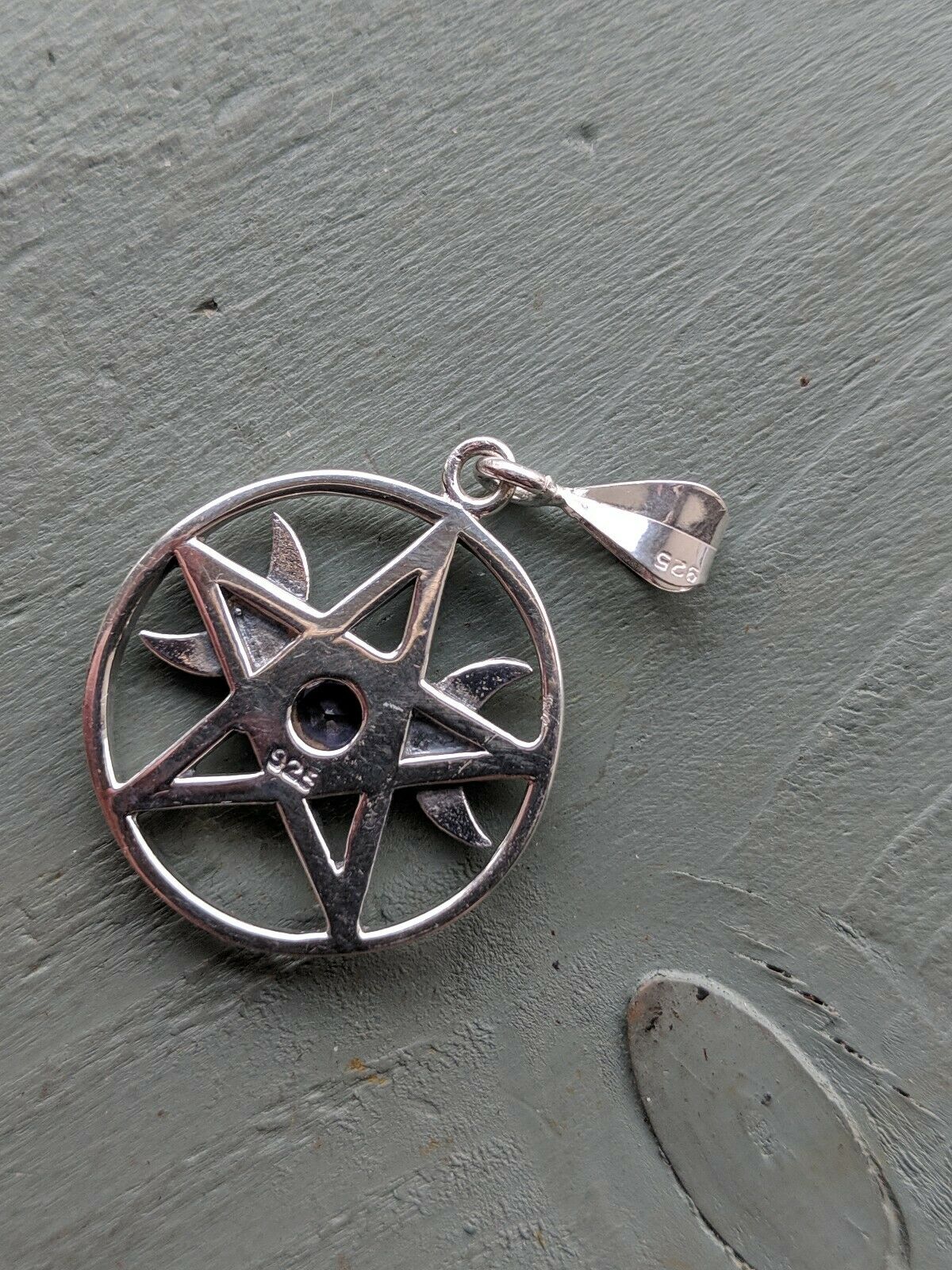 Solid 925 Sterling Silver Faceted Amethyst Pentagram Triple Moon Pendant Wicca