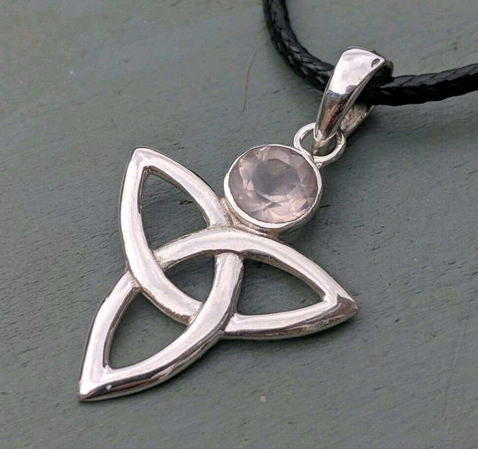 Large 925 Sterling Silver Triquetra & Faceted Rose Quartz Pendant Pagan Wicca