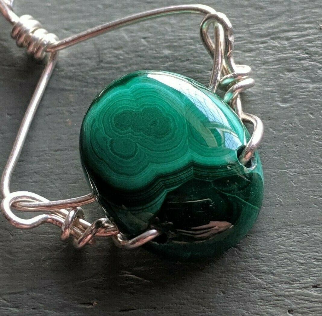 Handmade 925 Sterling Silver malachite wire wrap Pendant necklace - Box & chain