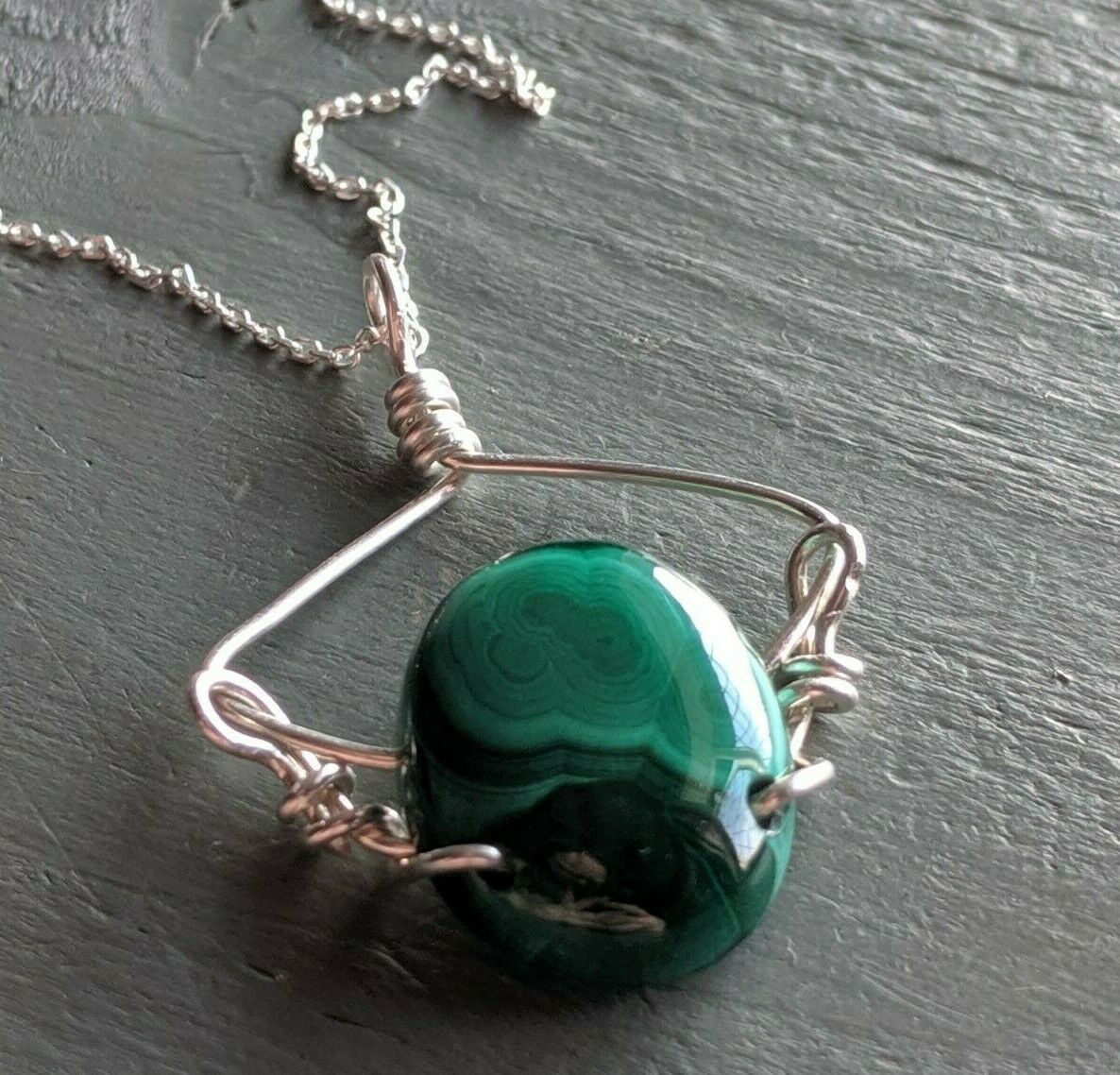 Handmade 925 Sterling Silver malachite wire wrap Pendant necklace - Box & chain