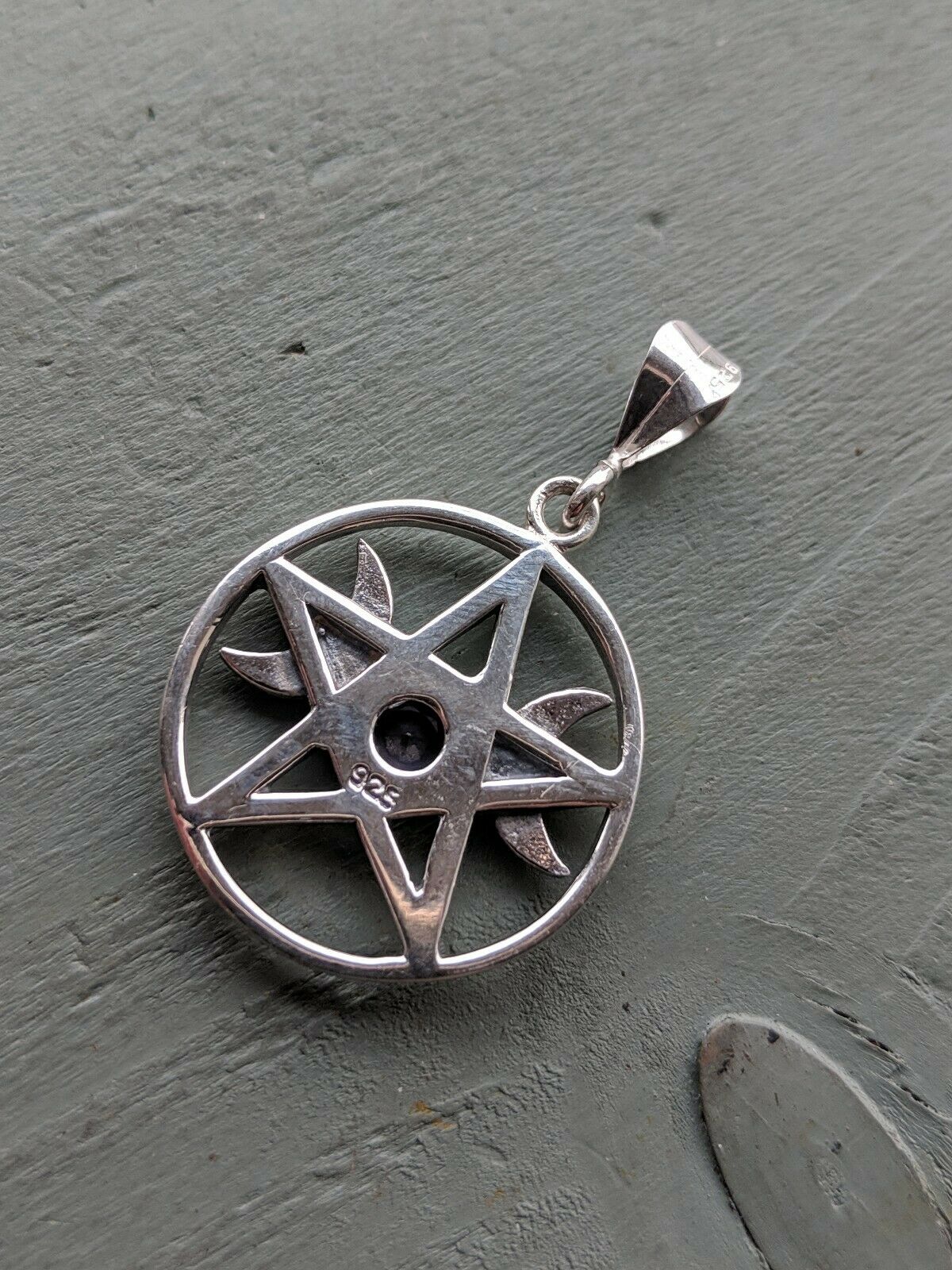 Solid 925 Sterling Silver Faceted Amethyst Pentagram Triple Moon Pendant Wicca