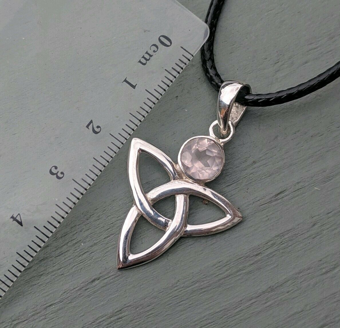 Large 925 Sterling Silver Triquetra & Faceted Rose Quartz Pendant Pagan Wicca