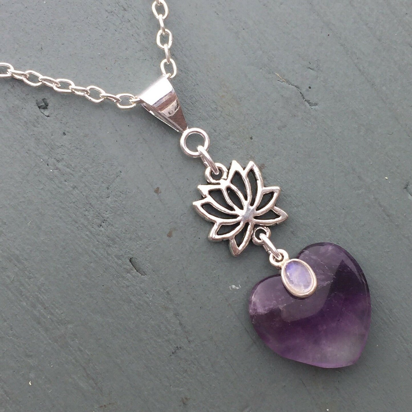 Amethyst Heart & Rainbow Moonstone Lotus Flower Pendant Chakra Reiki THIRD EYE