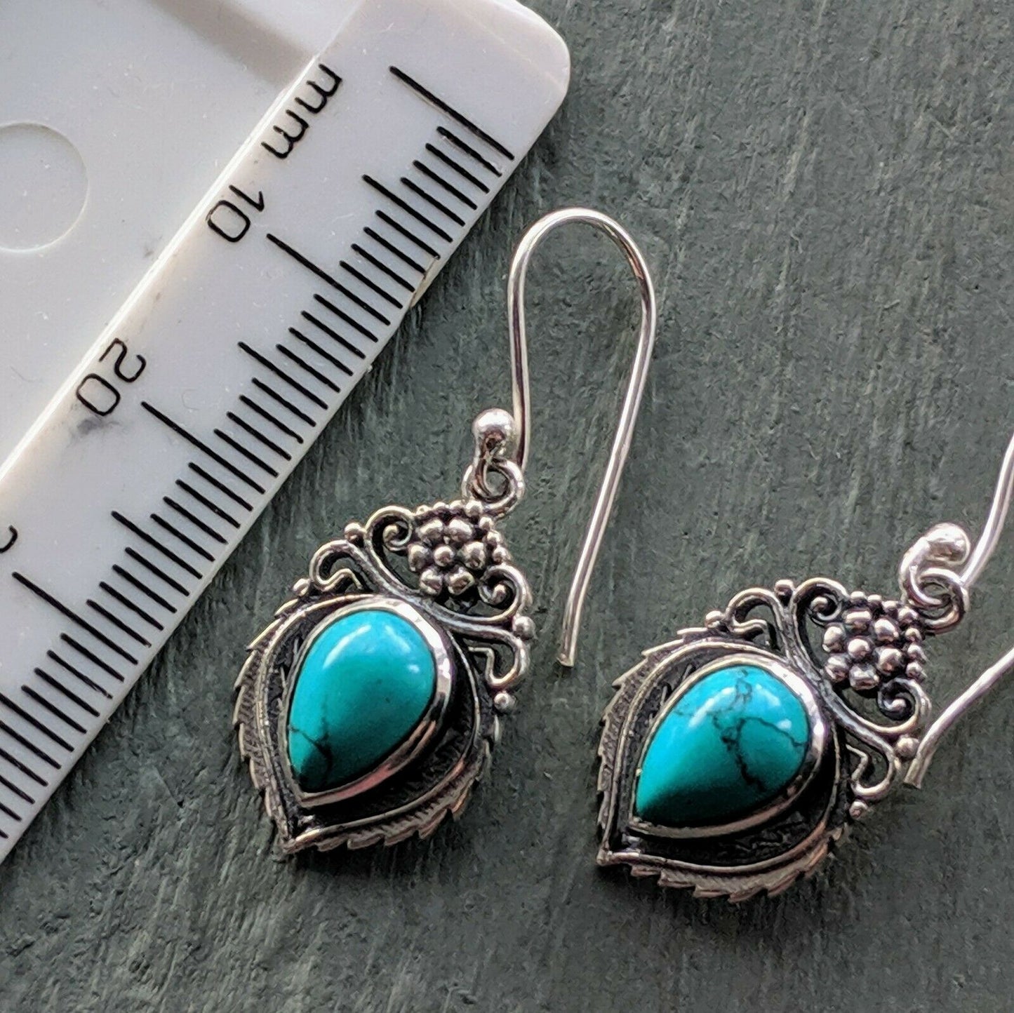 Ornate Turquoise Solid 925 Sterling Silver Stamped hook Earrings boho chic