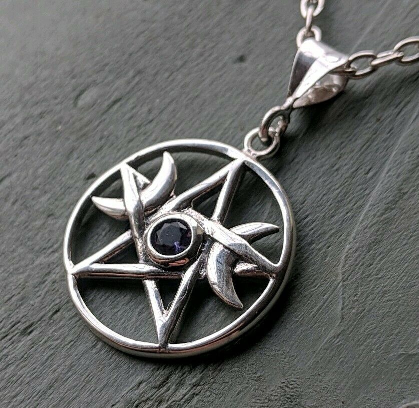 Solid 925 Sterling Silver Faceted Amethyst Pentagram Triple Moon Pendant Wicca