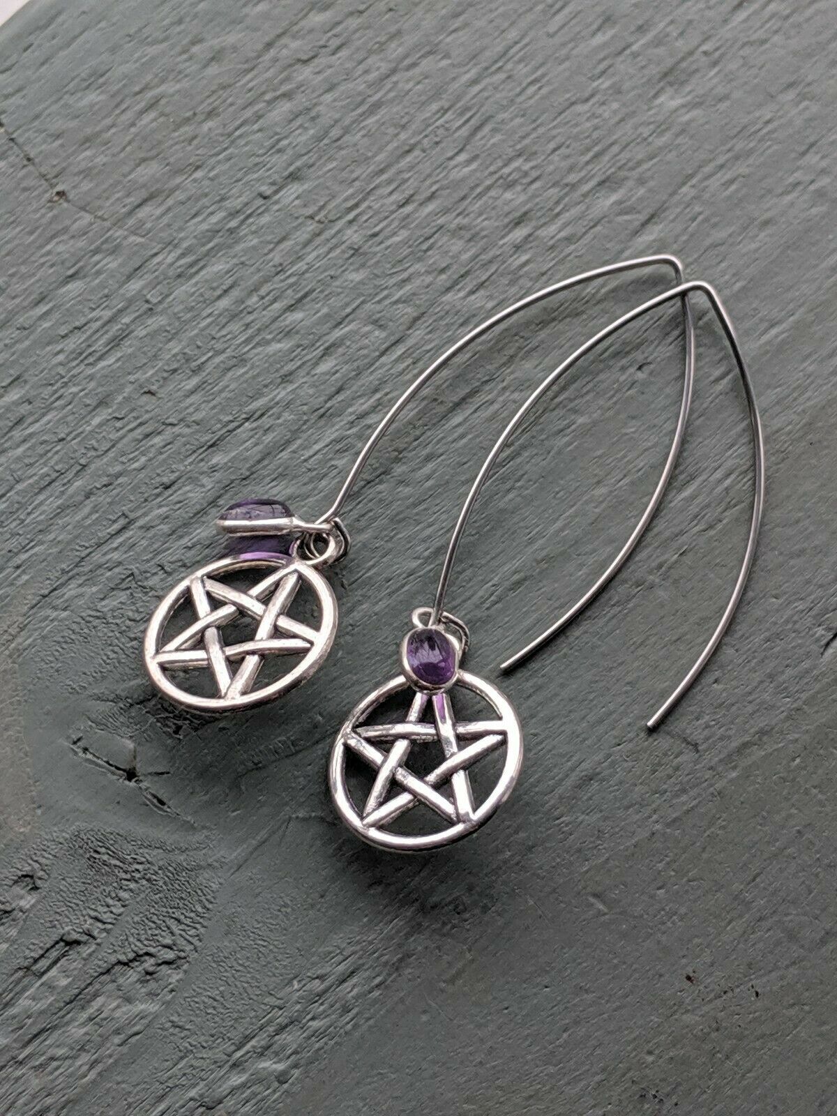 Long Amethyst and Pentagram Costume Earrings