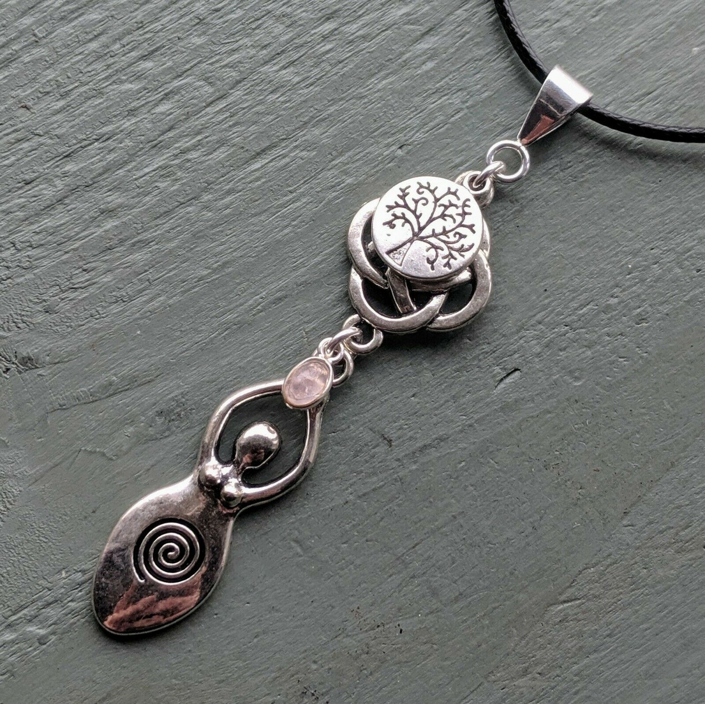 Celtic Knot Tree of Life & Rose Quartz Large Goddess Pendant Chakra Wicca Pagan