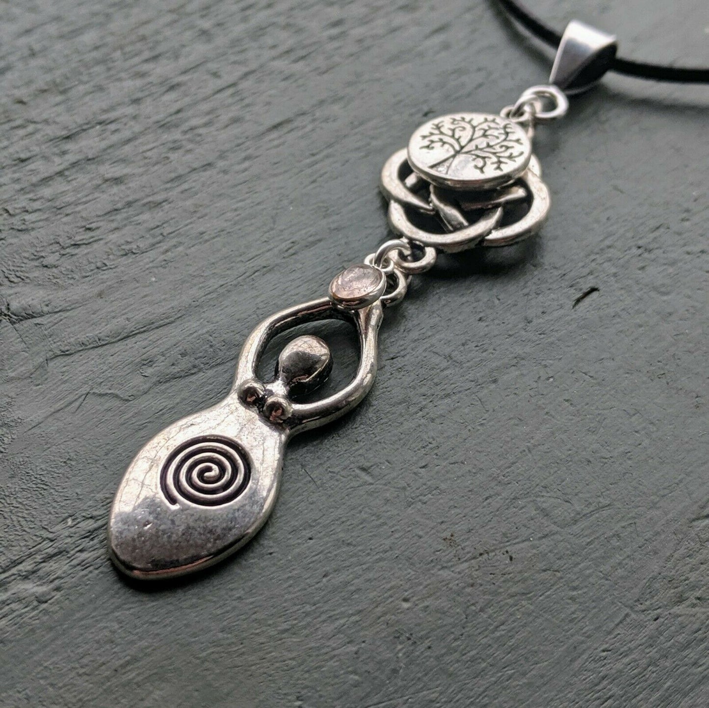 Celtic Knot Tree of Life & Rose Quartz Large Goddess Pendant Chakra Wicca Pagan