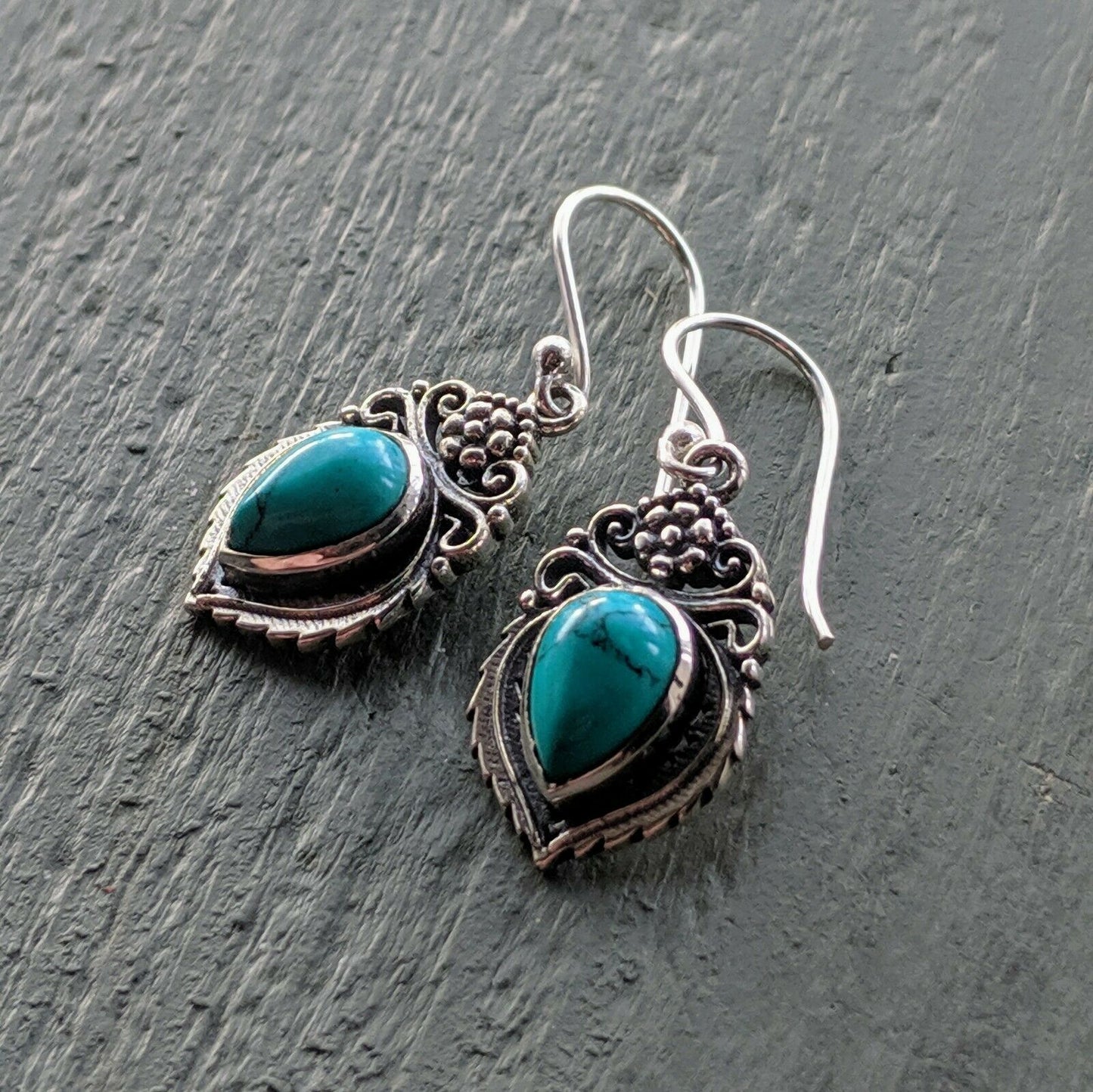 Ornate Turquoise Solid 925 Sterling Silver Stamped hook Earrings boho chic