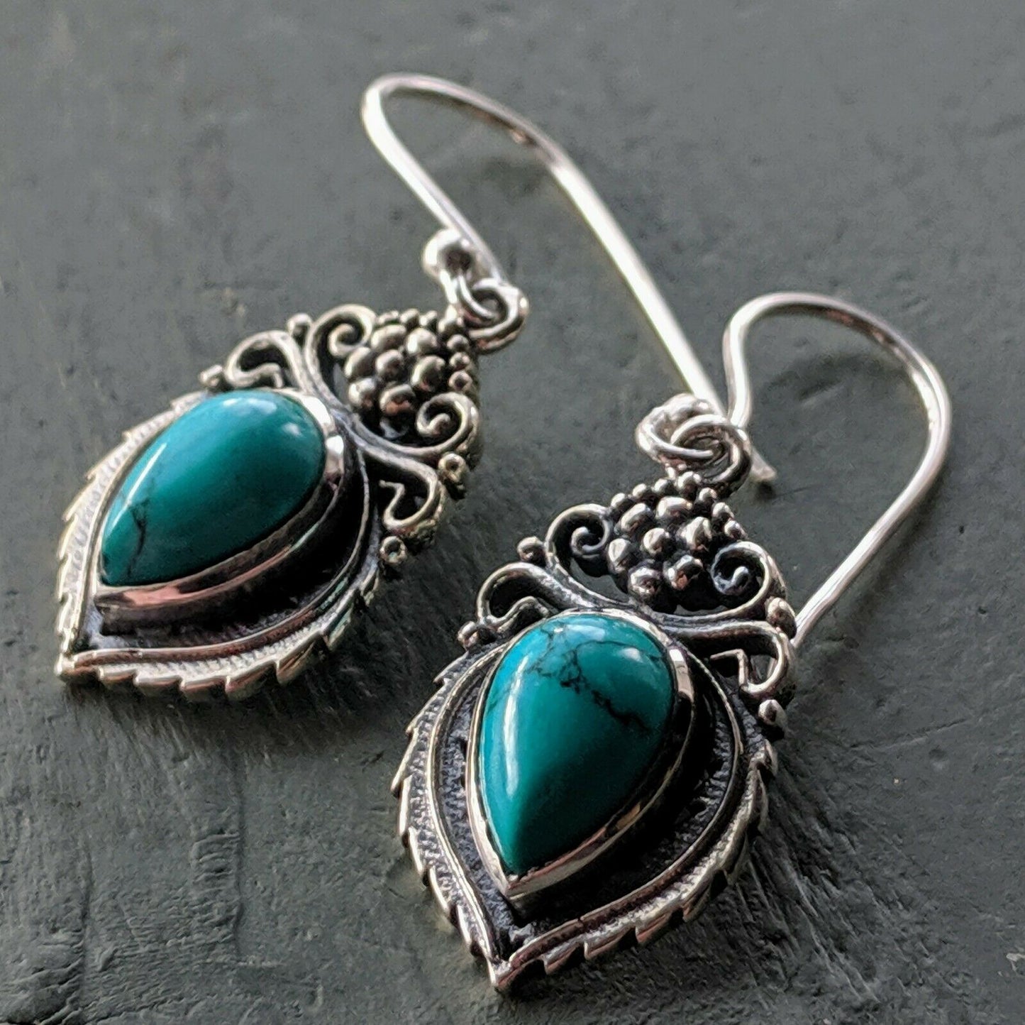 Ornate Turquoise Solid 925 Sterling Silver Stamped hook Earrings boho chic