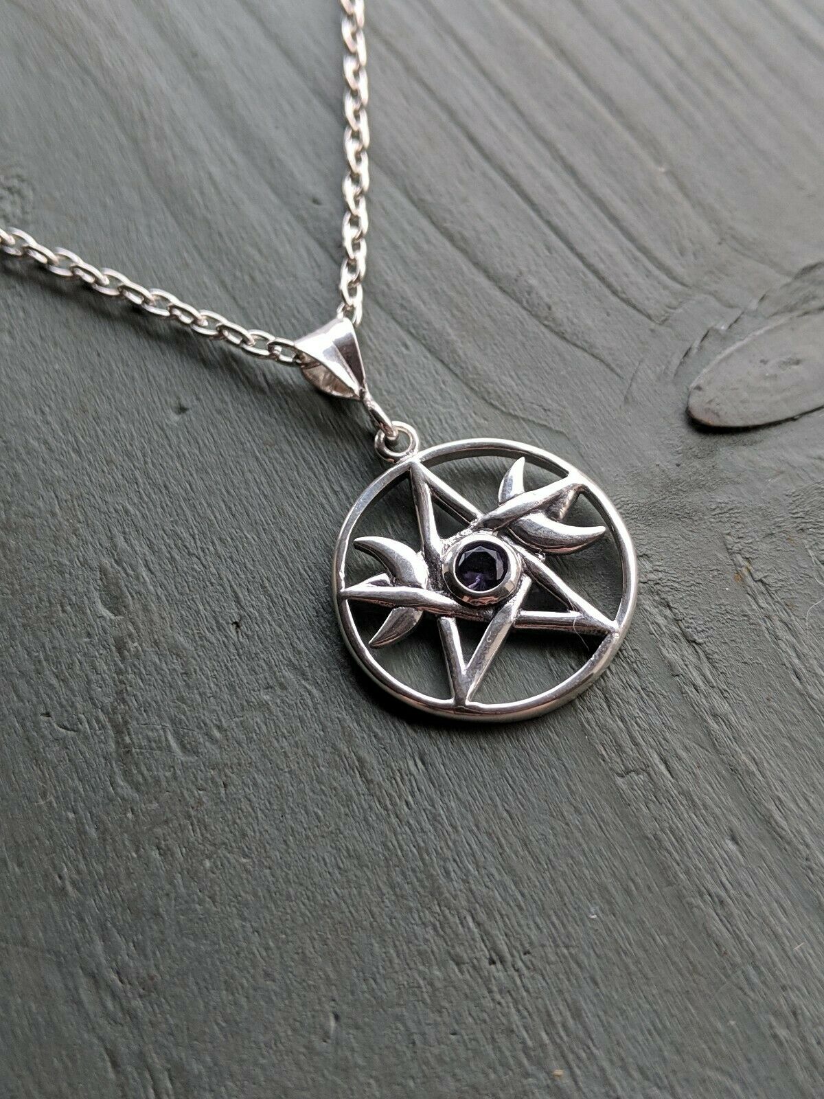 Solid 925 Sterling Silver Faceted Amethyst Pentagram Triple Moon Pendant Wicca