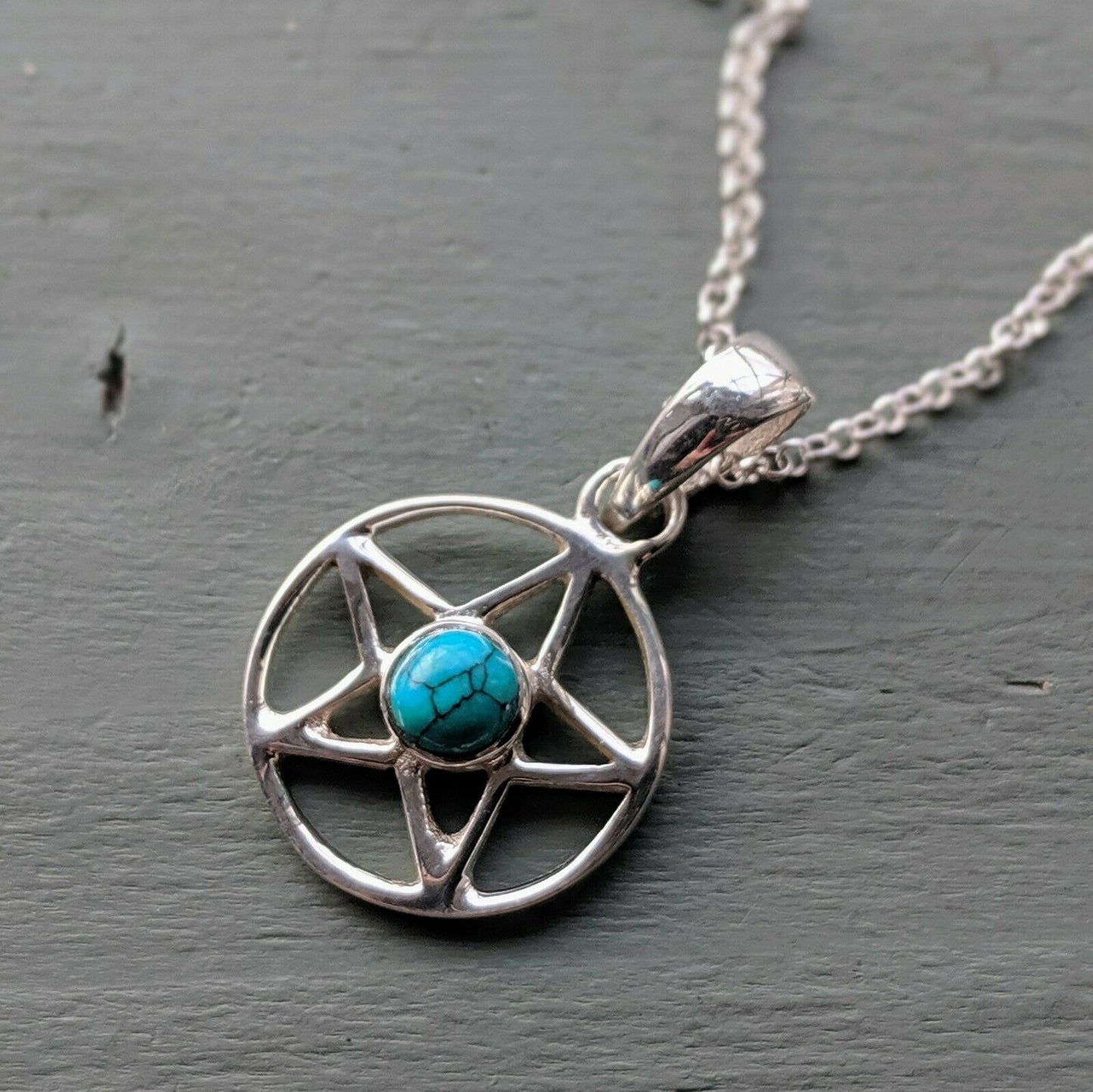 925 Sterling Silver Turquoise Pentagram Pendant, Chain & Gift Box Wicca Pagan