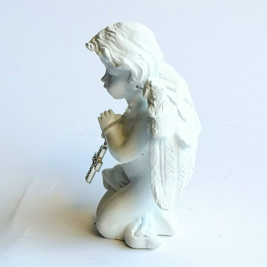 Detailed small pottery cherub child angel with diamonte cross
