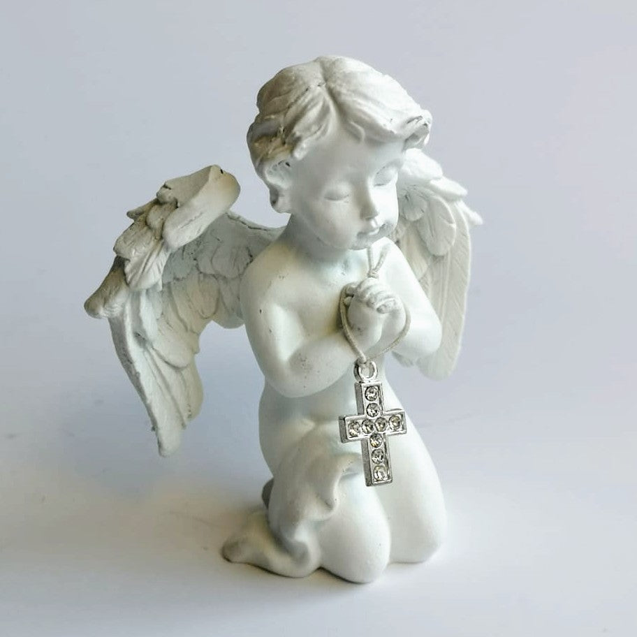 Detailed small pottery cherub child angel with diamonte cross