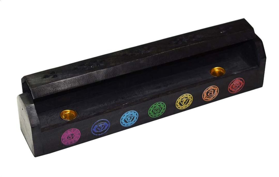 Luxury black wooden chakra incense holder catcher box for cones and sticks