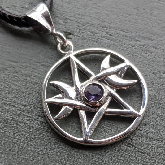 Finest 925 sterling silver triple moon pentagram with faceted amethyst gemstone pendant