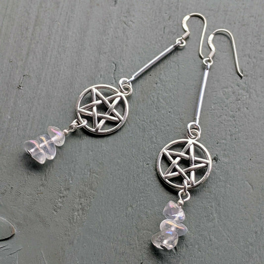 Opal Aura Quartz Pentagram Costume Earrings with 925 Sterling Silver Hooks