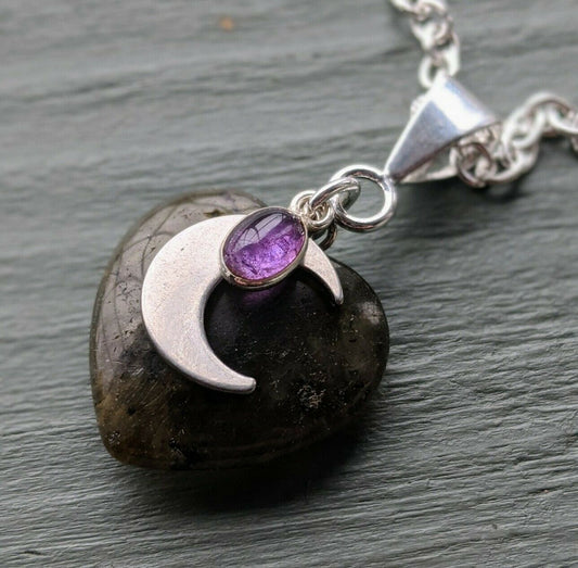 Labradorite Gemstone Heart & Amethyst Charm Moon Costume Pendant