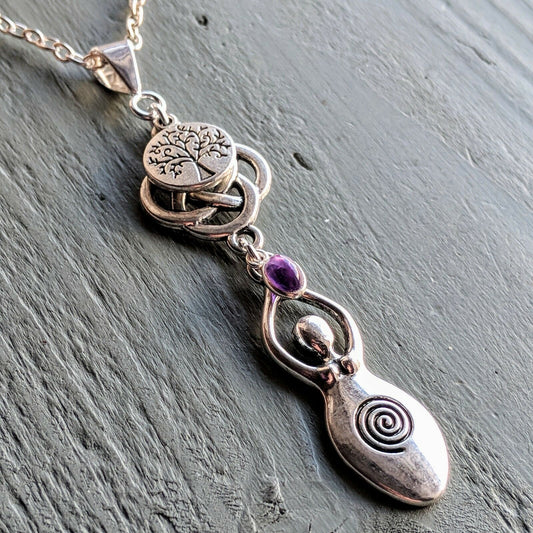 Celtic Knot Tree of Life & Amethyst Large Goddess Pendant Necklace Wicca Pagan