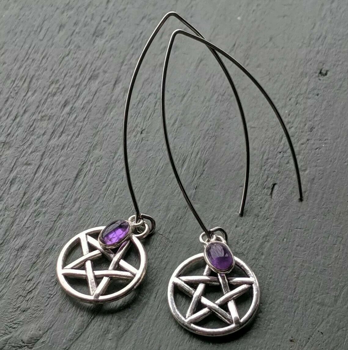 Long Amethyst and Pentagram Costume Earrings