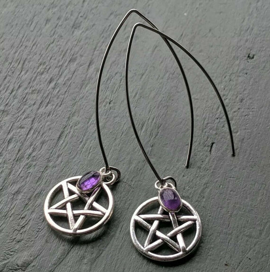 Long Amethyst and Pentagram Costume Earrings
