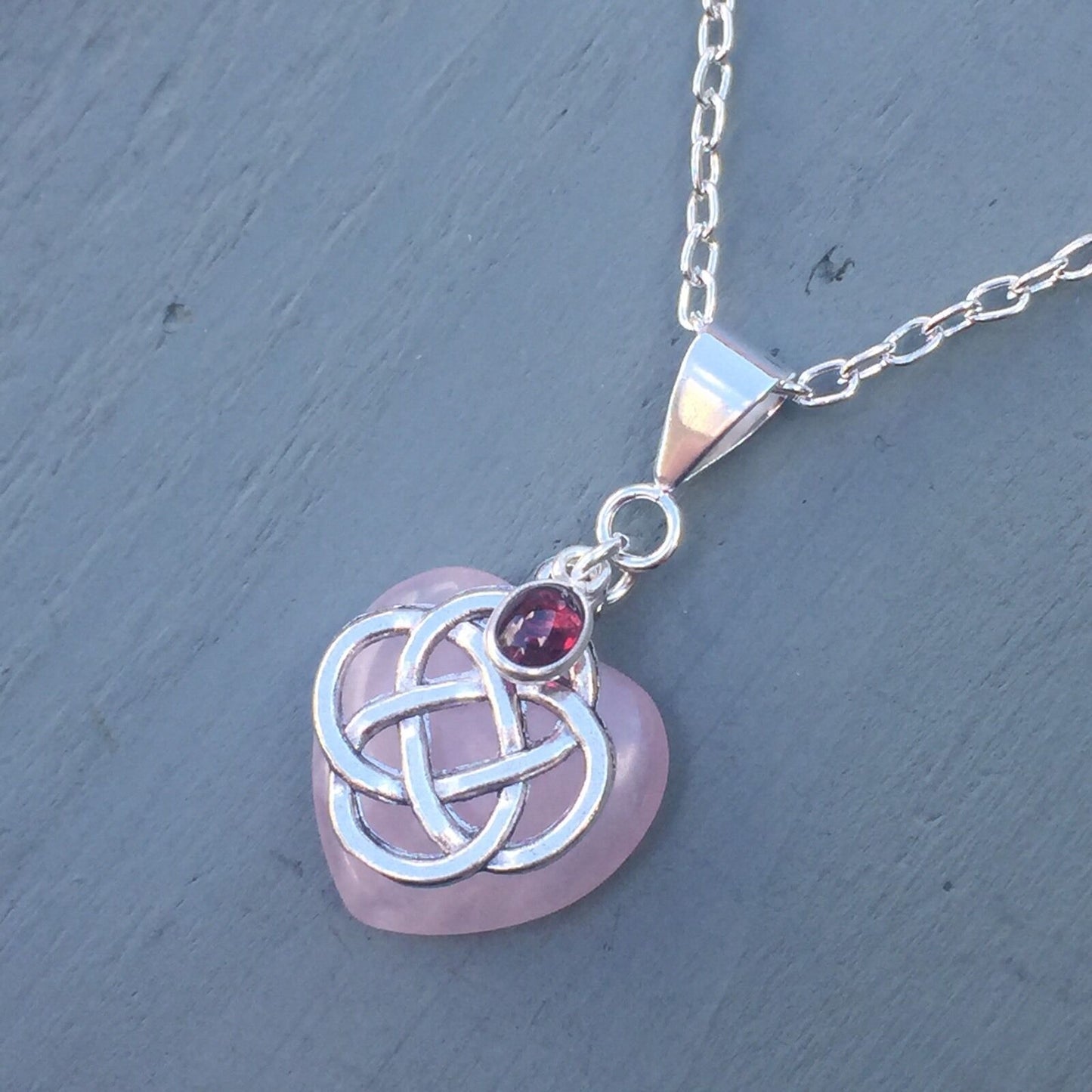 Rose Quartz Heart & Garnet 4 Element Celtic Knot Pendant Chakra Wicca Necklace