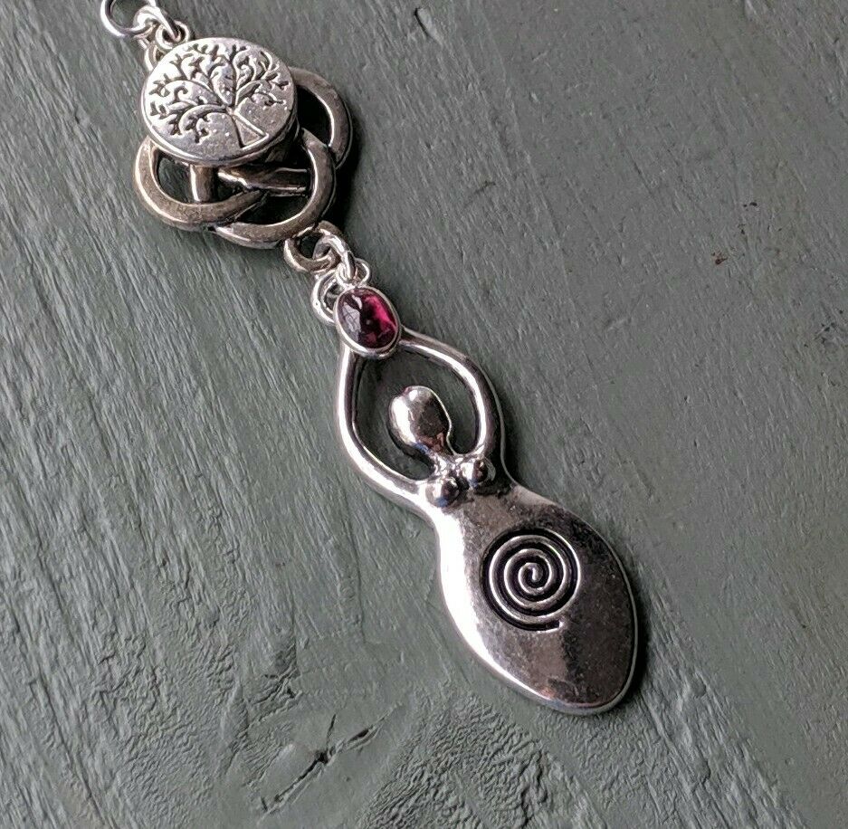 Celtic Knot, Tree of Life, Large Goddess & Garnet Pendant Chakra Wicca Pagan