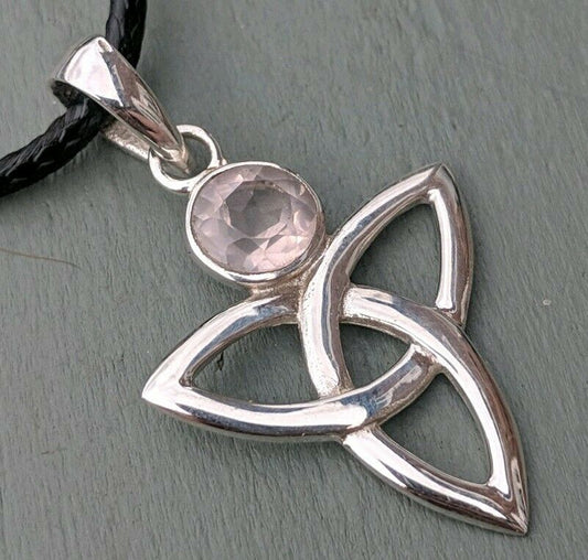 Large 925 Sterling Silver Triquetra & Faceted Rose Quartz Pendant Pagan Wicca