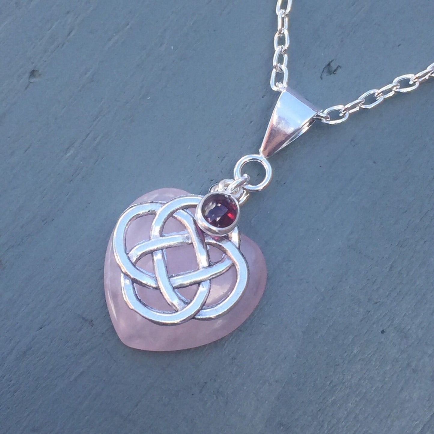 Rose Quartz Heart & Garnet 4 Element Celtic Knot Pendant Chakra Wicca Necklace