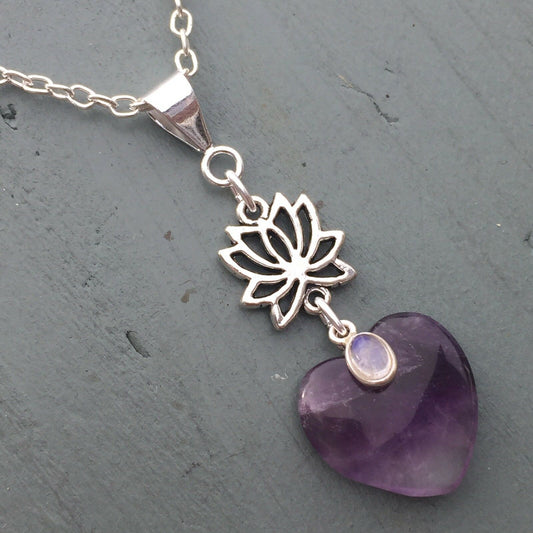 Amethyst Heart & Rainbow Moonstone Lotus Flower Pendant Chakra Reiki THIRD EYE