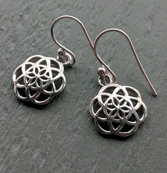 Dainty 925 Sterling Silver Quality Flower of Life Earrings
