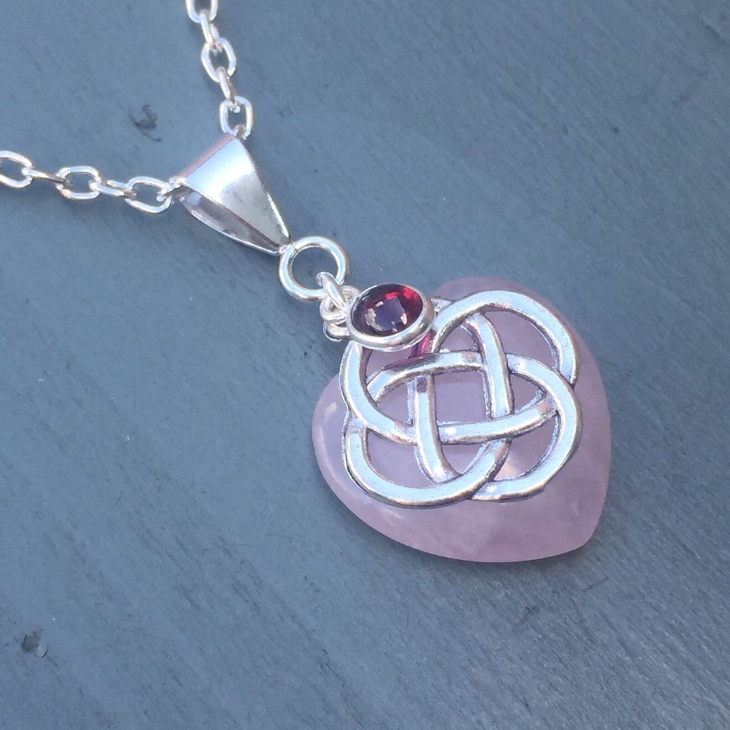 Rose Quartz Heart & Garnet 4 Element Celtic Knot Pendant Chakra Wicca Necklace
