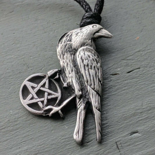 Pewter Black Pentagram Crow Raven Wax Cotton Thong Pendant Unisex Norse Wicca