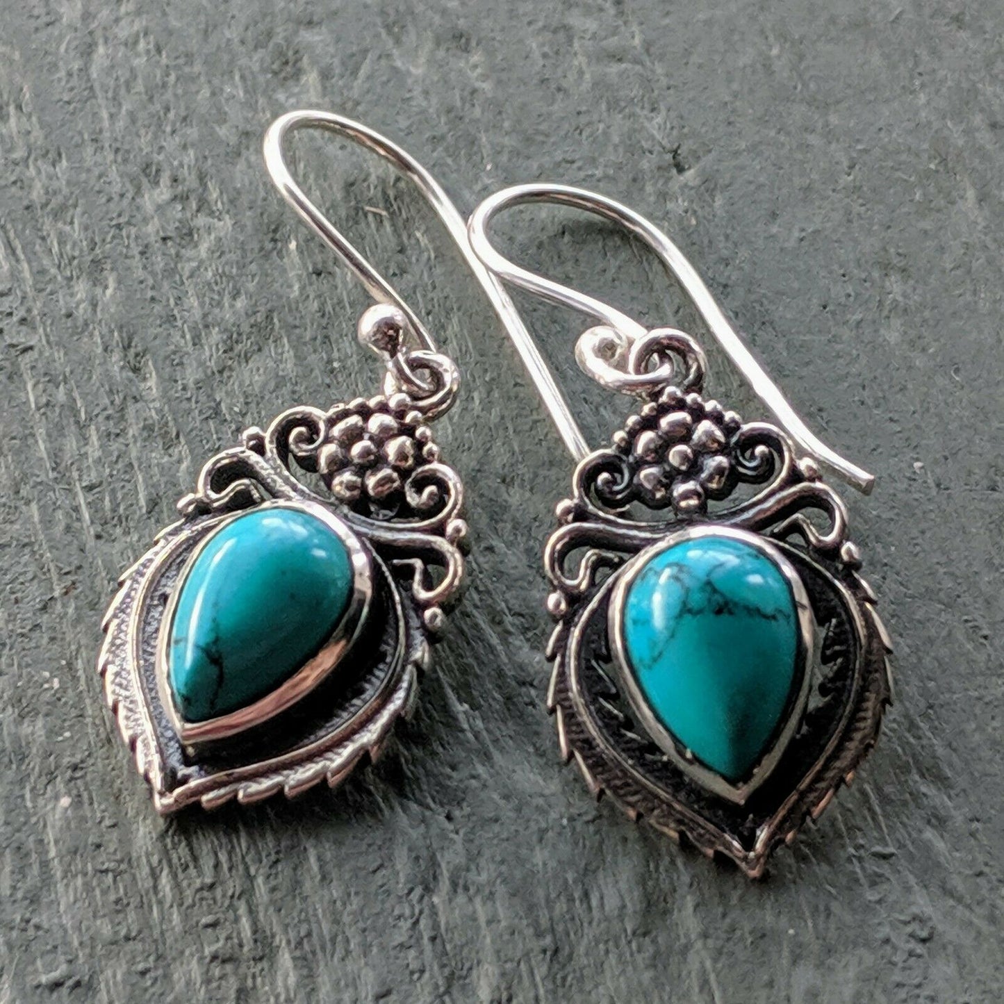Ornate Turquoise Solid 925 Sterling Silver Stamped hook Earrings boho chic