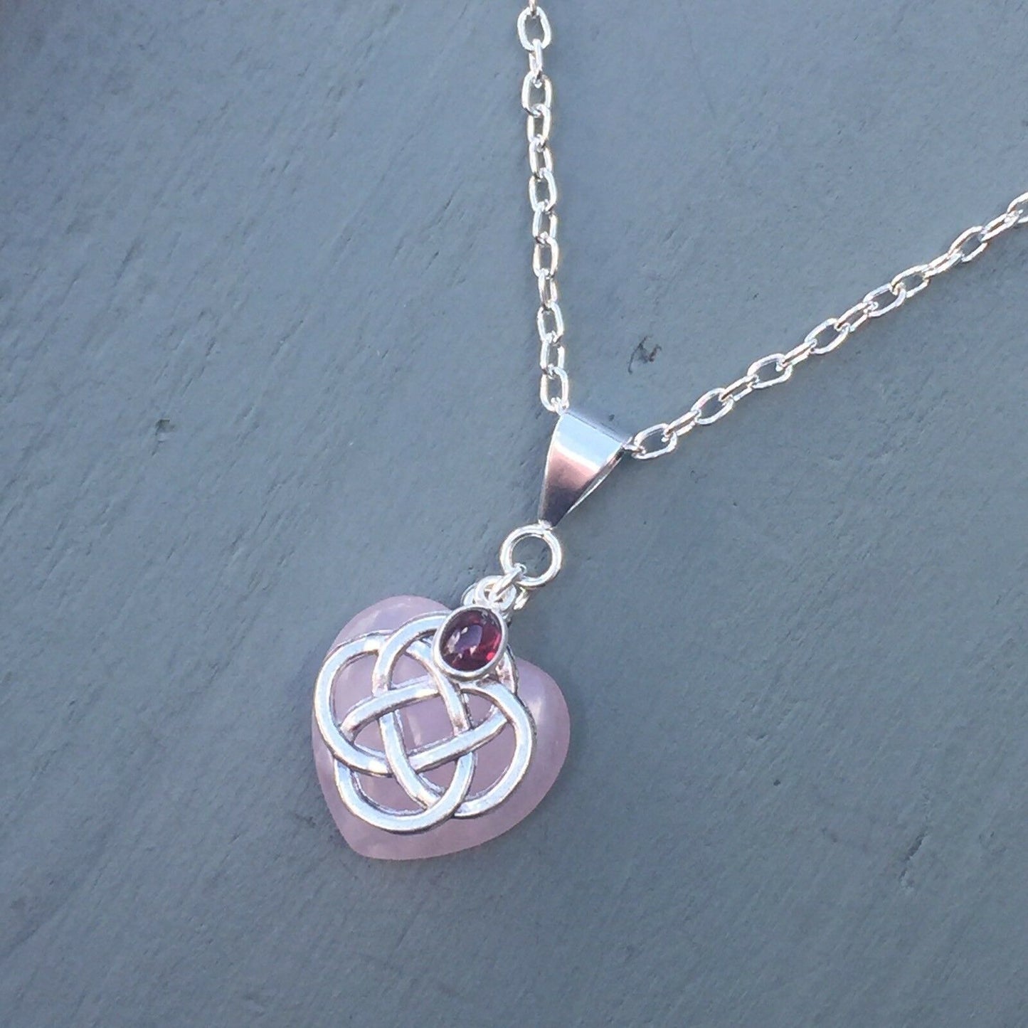Rose Quartz Heart & Garnet 4 Element Celtic Knot Pendant Chakra Wicca Necklace