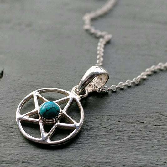 925 Sterling Silver Turquoise Pentagram Pendant, Chain & Gift Box Wicca Pagan