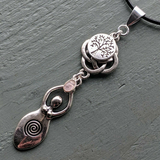 Celtic Knot Tree of Life & Rose Quartz Large Goddess Pendant Chakra Wicca Pagan